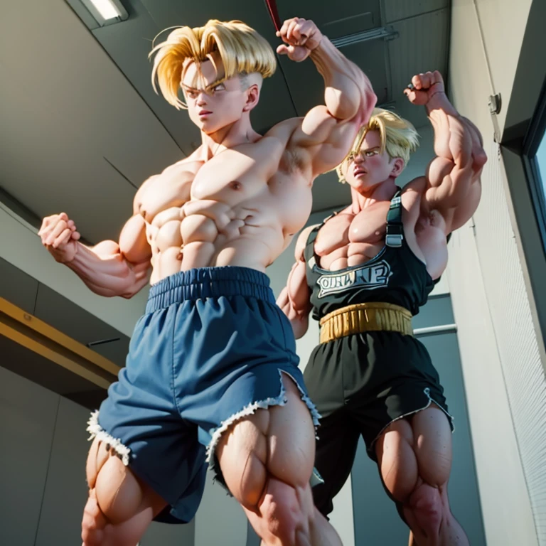 (Eine detaillierte Zeichnung von Trunks, bodybuilding gym.), shirtless, barefoot, fighting, stronger than any other, dominante Fight, lift opponent with one hand 