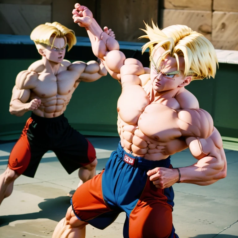 (Eine detaillierte Zeichnung von Trunks, bodybuilding gym.), shirtless, barefoot, fighting, stronger than any other, dominante Fight, lift opponent with one hand 