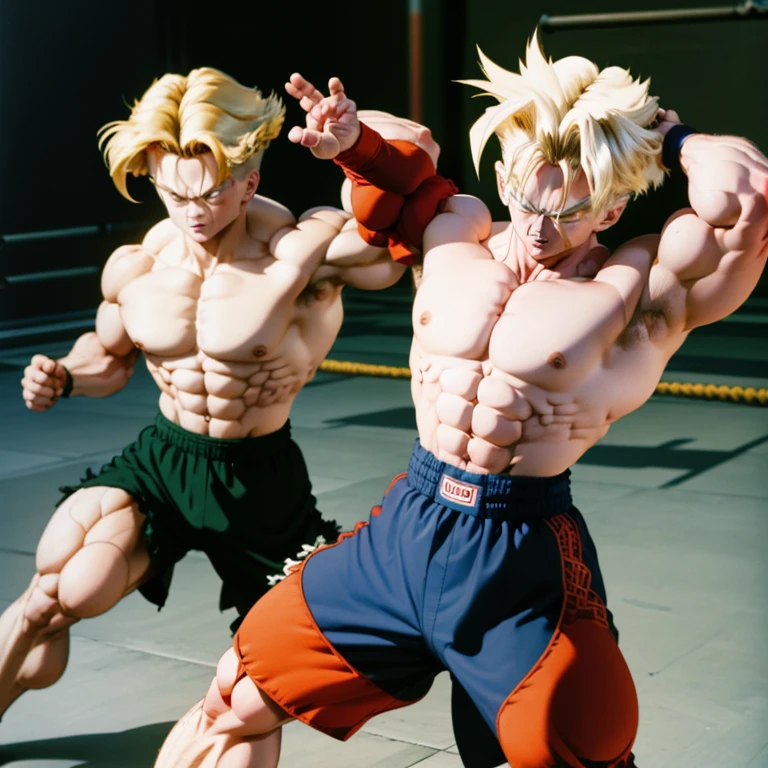 (Eine detaillierte Zeichnung von Trunks, bodybuilding gym.), shirtless, barefoot, fighting, stronger than any other, dominante Fight, lift opponent with one hand