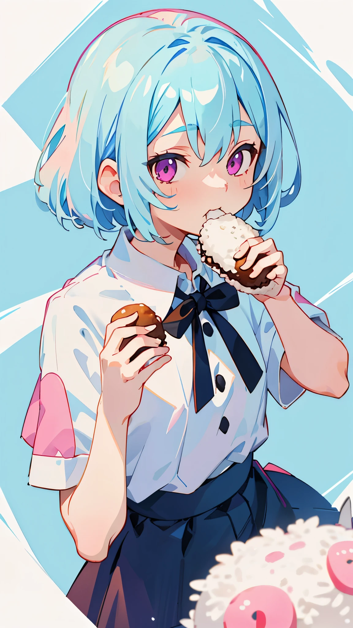16 year old girl、light blue hair、pink eyes、short sleeve shirt、black skirt、From above、Upper body、Eating rice balls