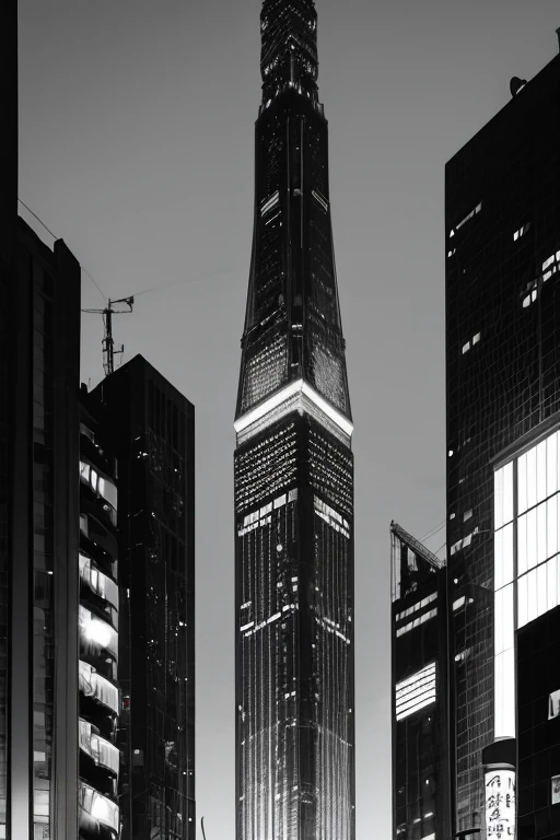 Arafa high-rise building landscape，There is a clock on the top, Dark building, Night in Tokyo, Shot using sigma 2 0 mm f 1. 4, dramatic architecture, Night in Tokyo, There are towers, tower, night life buildings, Shoot at night, Aerial camera, monochrome黑白, skyscraper, monochrome, Night photos