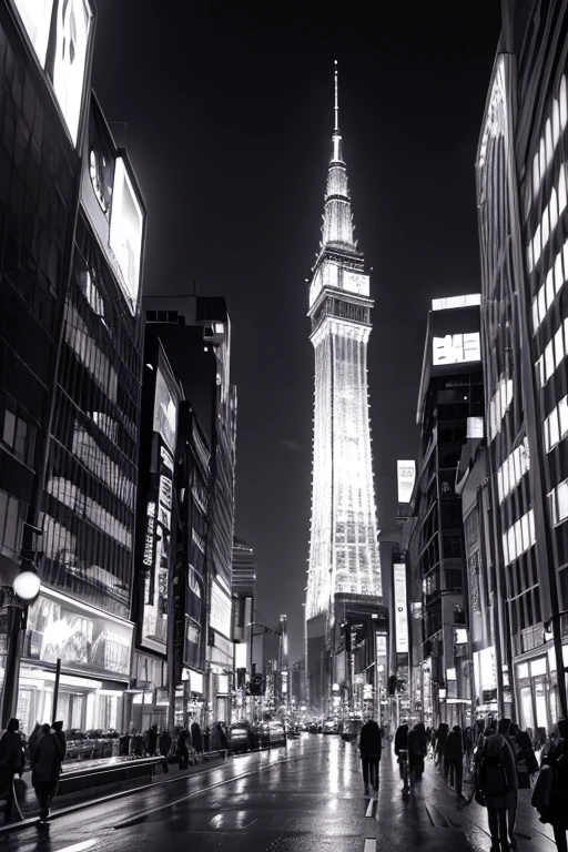 (best quality,4k,8k,highres,masterpiece:1.2),ultra-detailed,(realistic,photorealistic,photo-realistic:1.37), architectural landscape, clock tower at the top, dark buildings, night in Tokyo, captured with sigma 20mm f1 lens, dramatic architecture, night in Tokyo, tower, scaffolding, nightlife buildings, shot at night, drone shot, monochrome black and white, skyscrapers, monochrome, nighttime shot