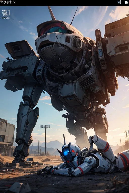 Anime scene of robot and a man lying on the ground, destroyed robot dogs remains, Screenshot of the 2012 animation, Abandoned mecha in the background, Abandoned mecha suit in the background, Destroyed robots, screenshot from the anime film, Robot killing, Animation movie screenshots, There'There is only one child on the ground, Kuro anime screenshots, In animation