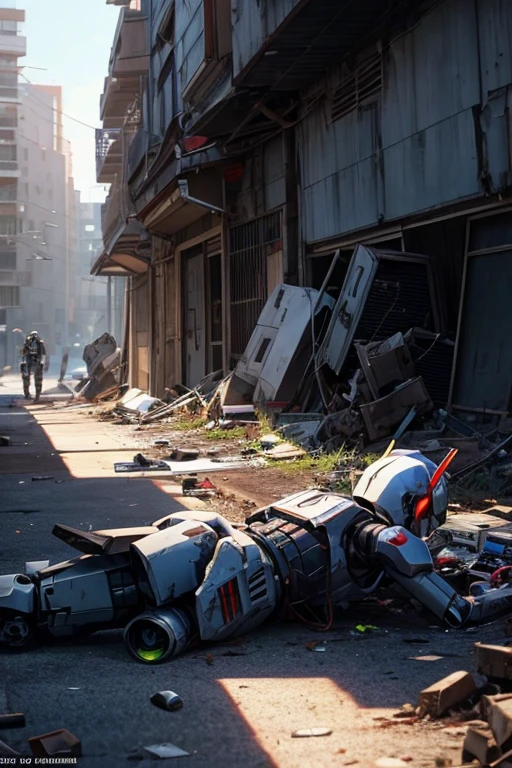 Anime scene of robot and a man lying on the ground, destroyed robot dogs remains, Screenshot of the 2012 animation, Abandoned mecha in the background, Abandoned mecha suit in the background, Destroyed robots, screenshot from the anime film, Robot killing, Animation movie screenshots, There'There is only one child on the ground, Kuro anime screenshots, In animation