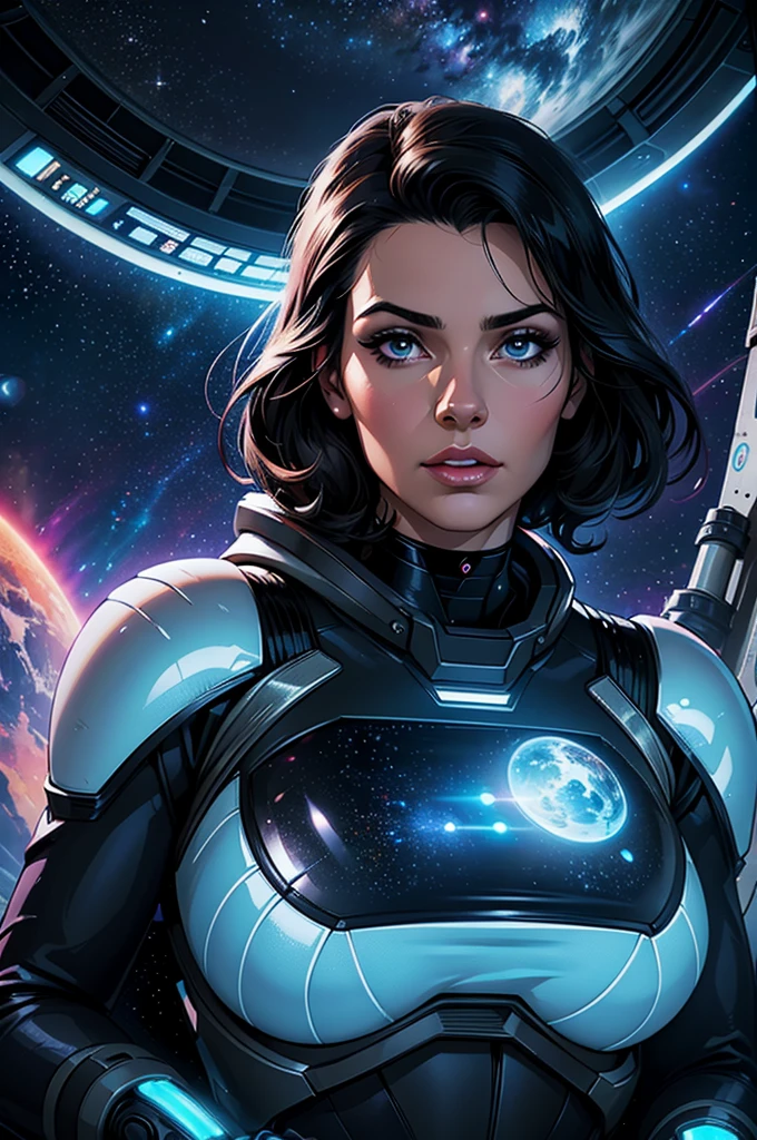 (best quality,ultra-detailed,realistic:1.37),retro-futurism,space,space astronaut woman,black hair,beautiful face,long eyelashes,minimum waist,dramatic lighting,scenario:spaceship,metallic texture,advanced technology,vivid colors,digital art,neon lights,cosmic background,reflection,holographic display,exploration,unknown galaxies,visors shining,space suit,gloves,interstellar travel,serene expression,evocative atmosphere,distant stars,imagination,adventure,unknown frontiers