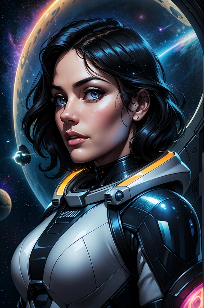 (best quality,ultra-detailed,realistic:1.37),retro-futurism,space,space astronaut woman,black hair,beautiful face,long eyelashes,minimum waist,dramatic lighting,scenario:spaceship,metallic texture,advanced technology,vivid colors,digital art,neon lights,cosmic background,reflection,holographic display,exploration,unknown galaxies,visors shining,space suit,gloves,interstellar travel,serene expression,evocative atmosphere,distant stars,imagination,adventure,unknown frontiers
