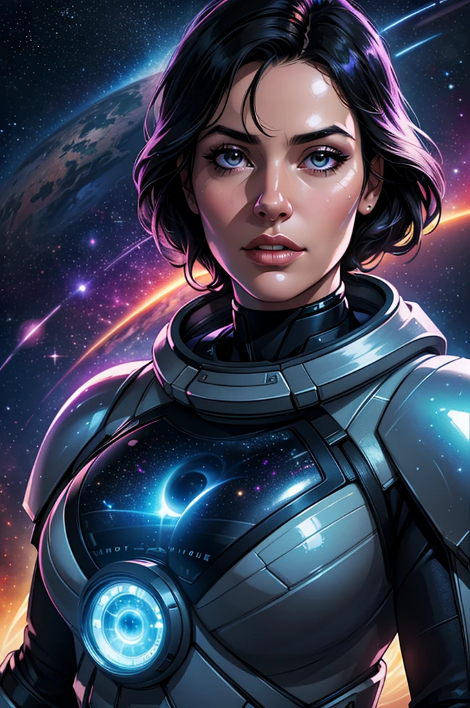 High quality,retro futurism space astronaut woman,black hair,beautiful face,long eyelashes,minimum waist,scenario spaceship,dramatic lights
