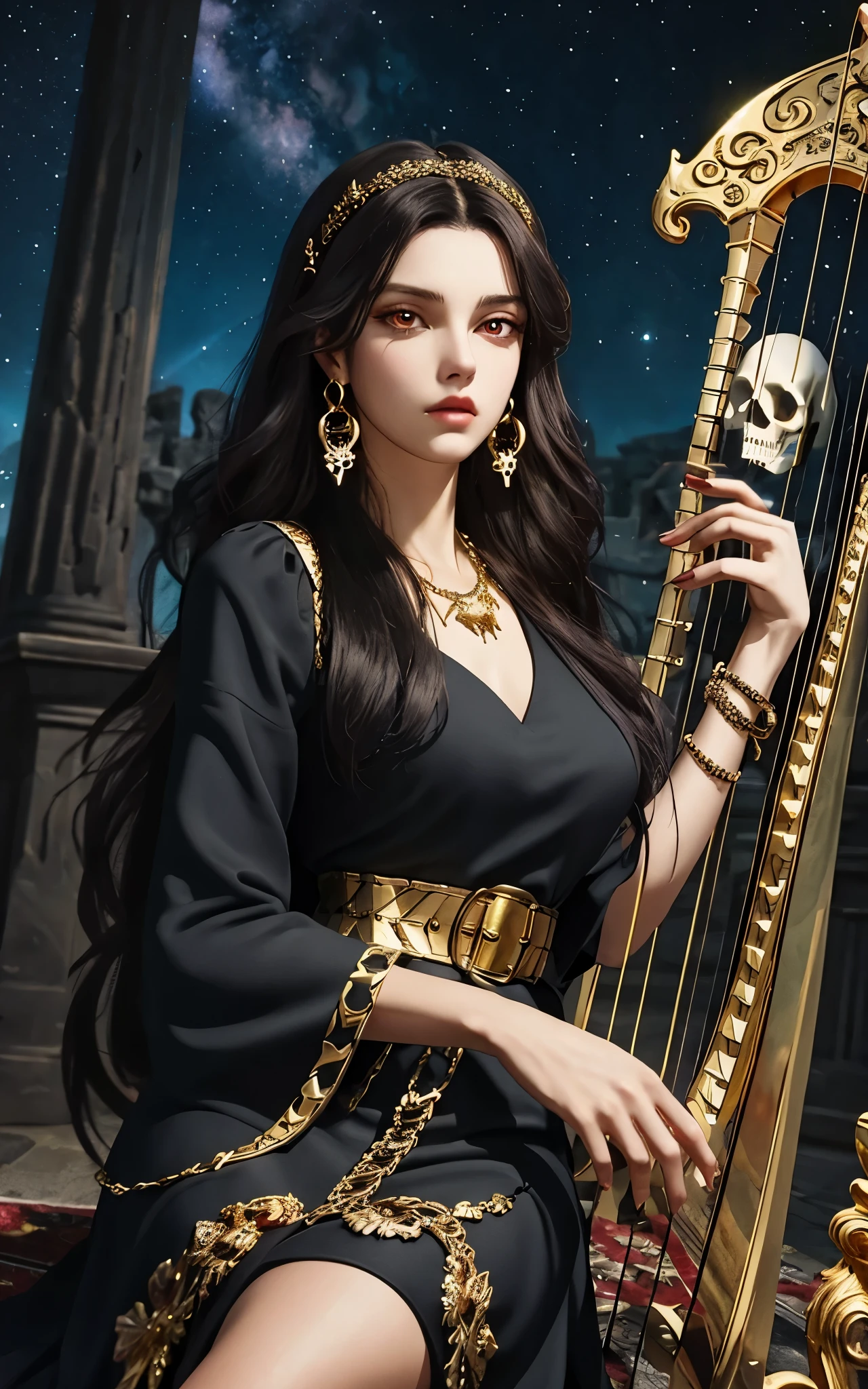 1 girl, solo, details, masterpiece, best quality, photorealistic realism, beautiful girl, long hair, black hair, skull headband, gold earrings, red eyes, beautiful face, skull necklace, perfect body, large breast, open chest, black long dress, skull bracelet, gold earrings, gold belt, musical instrument, harp, sit on ancient chair, dark sky, dark temple,
