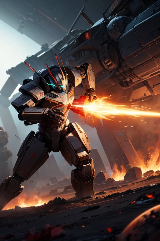 ,Planet-destroying robot battle scene on cosmic background, Blood on the robotic arm, Mechanical devices and electronic components, 未来science fiction风格。The picture quality is the best, 4K HD,ultra high resolution。Extremely detailed, Realism, 照片级Realism。Distinctive style, science fiction, cartoon, concept art。The hue is grim, dim light, The shadows are strong。Live display illuminated by bright lights and characters。