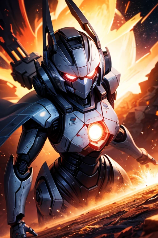 ，Planet-destroying robot battle scene on cosmic background, Blood on the robotic arm, Mechanical devices and electronic components, 未来science fiction风格。The picture quality is the best, 4K HD,ultra high resolution。Extremely detailed, Realism, 照片级Realism。Distinctive style, science fiction, cartoon, concept art。The hue is grim, dim light, The shadows are strong。Live display illuminated by bright lights and characters。