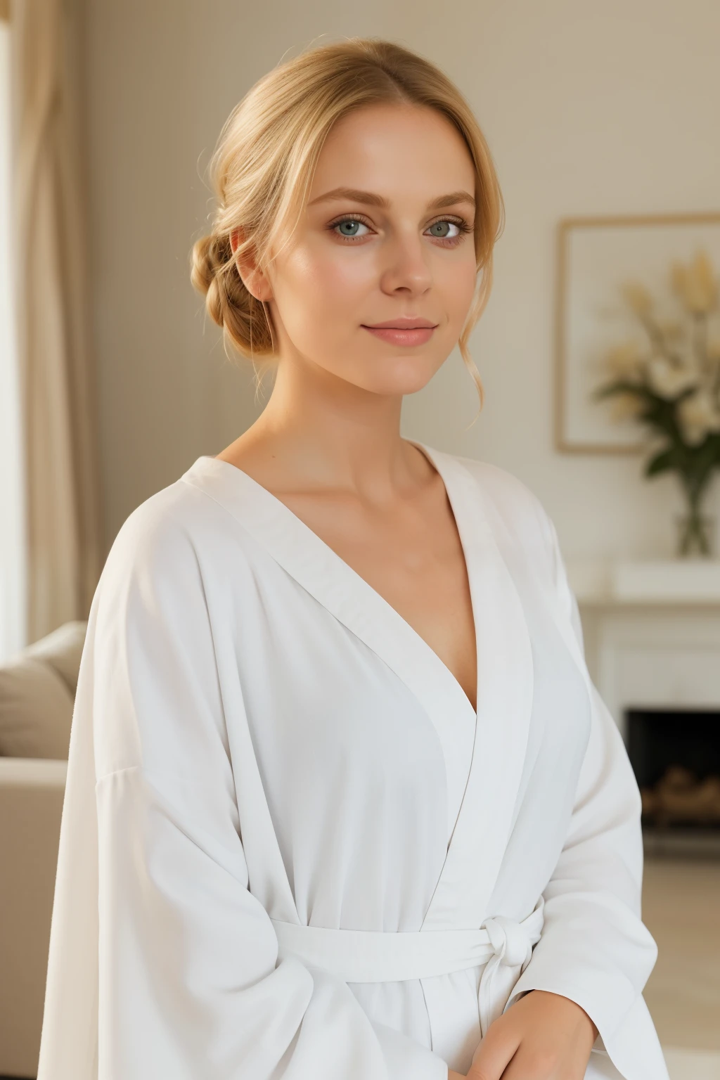 Young blonde woman in white robe, hair tucked neatly in a bun, stands captivatingly in a living room, her gaze fixed on the viewfinder of a Nikon D850 camera. The realistic image, with an aspect ratio of 128:85, showcases her delicate features and fair complexion. The room is subtly blurred in the background, drawing focus to her expressive eyes and slight smile. The high-quality photograph, taken from a slightly elevated angle, highlights the wrinkles around her eyes, adding depth and authenticity to the image. The white robe billows lightly around her figure, and the subtle golden hour light casting through the room enhances
