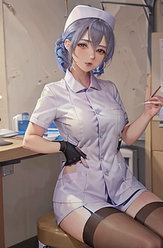 Blue nurse, 1womanl, Nurse, Nurse Cap, Blueware, ((Blue legwear, zettai ryouiki)), Black Elbow Gloves, Silver hair, Blue eyes, Sitting, ((surgery room)), sharp outline, Short sleeves, a matural female, 35 year old, Best Quality, masutepiece ,oversize boobs , latex uniform ,