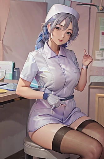 Blue nurse, 1womanl, Nurse, Nurse Cap, Blueware, ((Blue legwear, zettai ryouiki)), Black Elbow Gloves, Silver hair, Blue eyes, Sitting, ((surgery room)), sharp outline, Short sleeves, a matural female, 35 year old, Best Quality, masutepiece ,oversize boobs , latex uniform ,