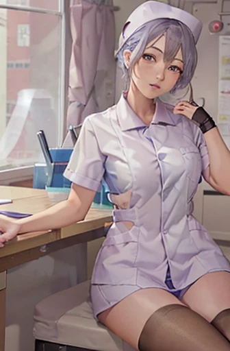 Blue nurse, 1womanl, Nurse, Nurse Cap, Blueware, ((Blue legwear, zettai ryouiki)), Black Elbow Gloves, Silver hair, Blue eyes, Sitting, ((surgery room)), sharp outline, Short sleeves, a matural female, 35 year old, Best Quality, masutepiece ,oversize boobs , latex uniform ,