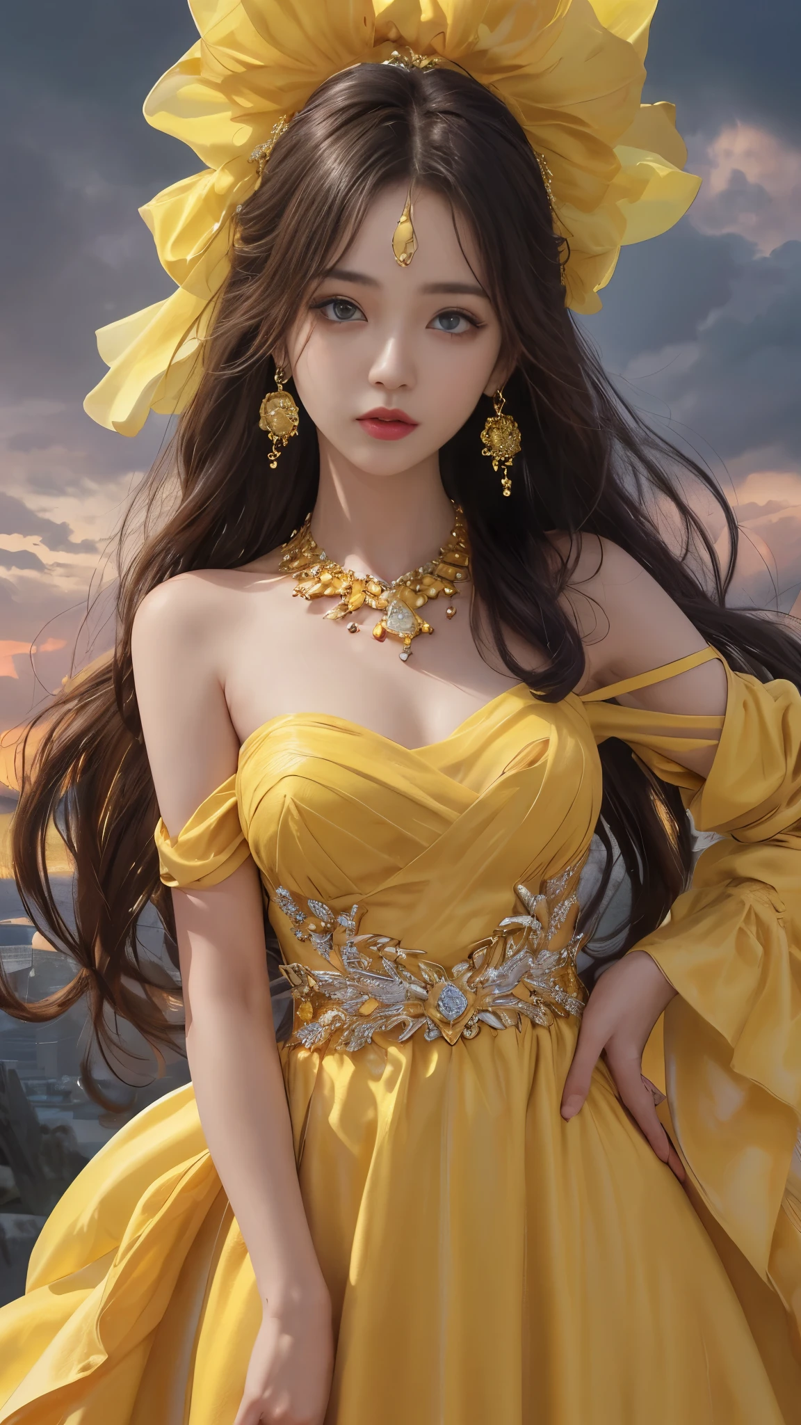 8K, Ultra HD, HD Color, masterpiece, 1 girl, Luminous Eyes, detailed lips, ultra long hair, (rob yellow dress:1.5), (jewellery:1.5), Super artistic cloudy sky background, sun Shining,