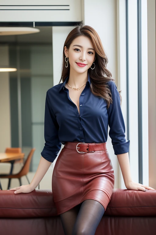 (best quality),(full body portrait),(long thin legs),delicate face,Pretty face,Slender,((Navy blue shirt、red leather skirt))、Offices on high floors、There are large windows、Detailed background、cleavage、adorable，smile，sitting pose，(black pantyhose),high heels、Tiffany's Necklace、Ring-shaped earrings、chain anklet
