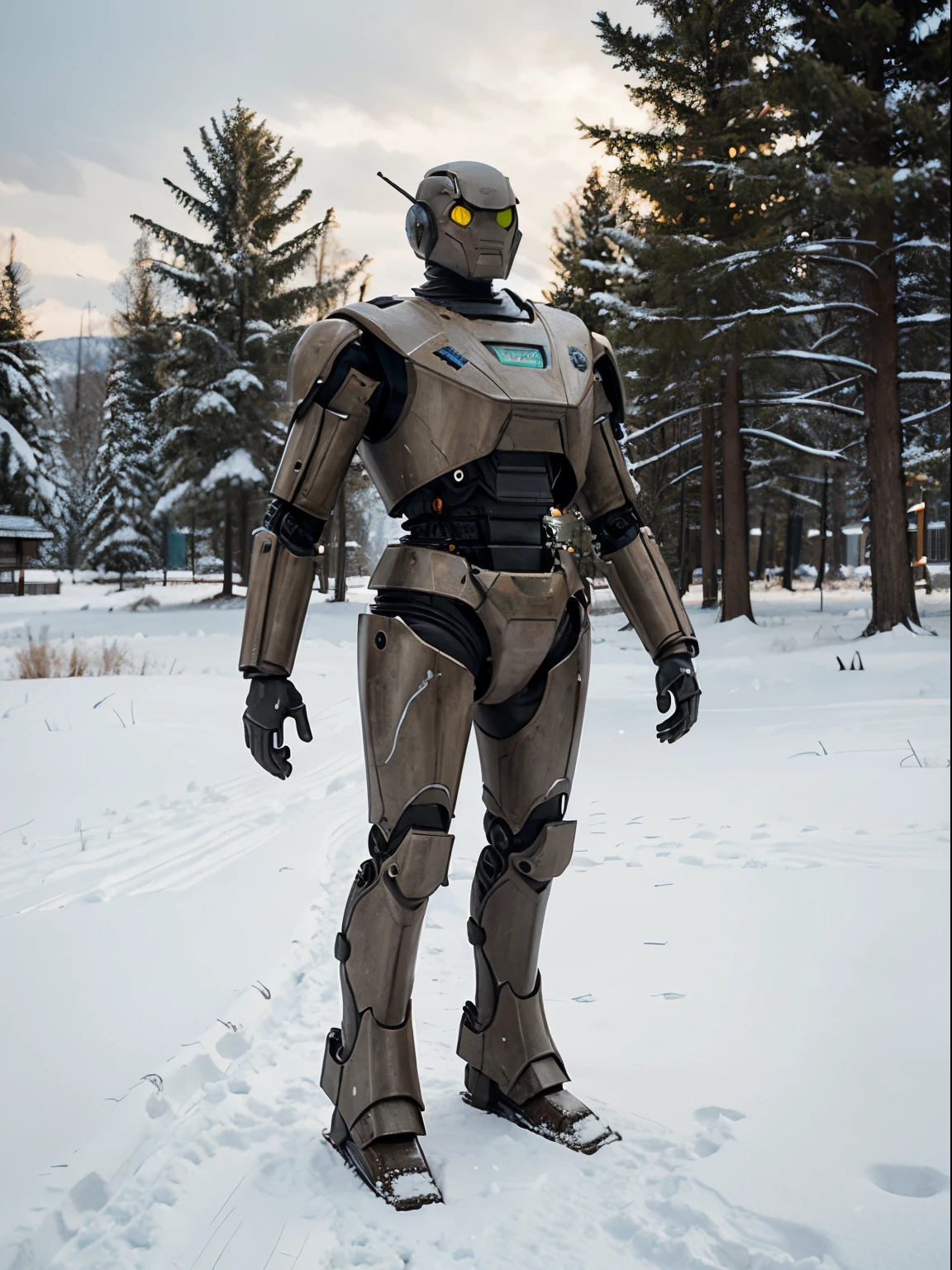 realistic earth tone robot standing in the snow from a futuristic planet