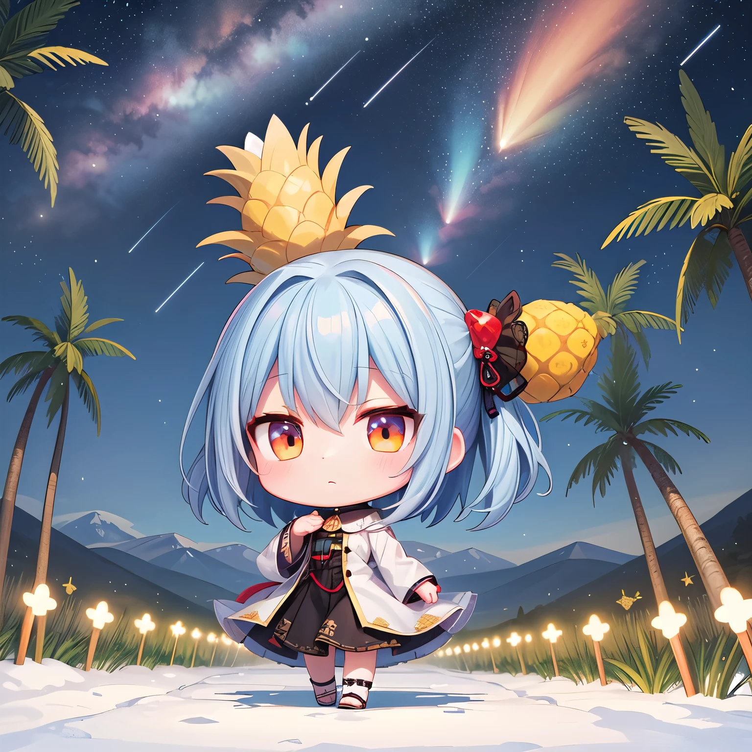 ((Chibi, pineapple, cute)), (3DCG, Nendoroid, 1 girl, masterpiece, almond-shaped eyes, beautiful skin, red cheeks, glossy white-blue hair, short chignon hair), indifferent, expressionless, top quality , delicate fingers, full body shot, Chibi Emperor, winter clothes, field, night, long road in the countryside, mountains in the distance, lights,back shot,meteor shower,pineapple,