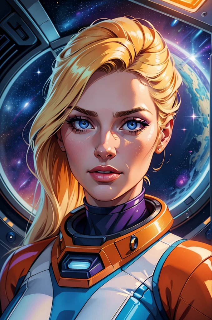 (best quality,realistic),retro-futurism space woman,blonde hair,beautiful detailed face,detailed eyes with long eyelashes,orange and brown spacesuit,minimum waist,scenario spaceship window over deep space,portraits,professionally painted,ultra-detailed,studio lighting,vibrant colors,sharp focus,sci-fi style,blue and purple color palette,soft and ethereal lighting