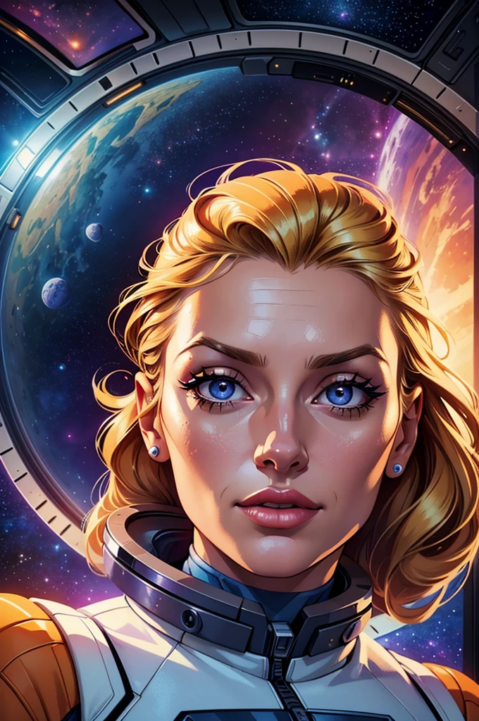 High quality,retro futurism space astronaut woman,black hair,beautiful face,long eyelashes,minimum waist,scenario spaceship,dramatic lights