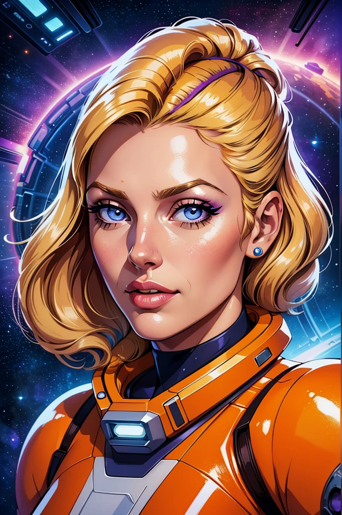(best quality,realistic),retro-futurism space woman,blonde hair,beautiful detailed face,detailed eyes with long eyelashes,orange and brown spacesuit,minimum waist,scenario spaceship window over deep space,portraits,professionally painted,ultra-detailed,studio lighting,vibrant colors,sharp focus,sci-fi style,blue and purple color palette,soft and ethereal lighting