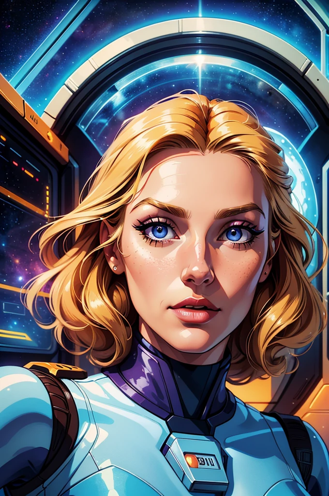 (best quality,realistic),retro-futurism space woman,blonde hair,beautiful detailed face,detailed eyes with long eyelashes,orange and brown spacesuit,minimum waist,scenario spaceship window over deep space,portraits,professionally painted,ultra-detailed,studio lighting,vibrant colors,sharp focus,sci-fi style,blue and purple color palette,soft and ethereal lighting