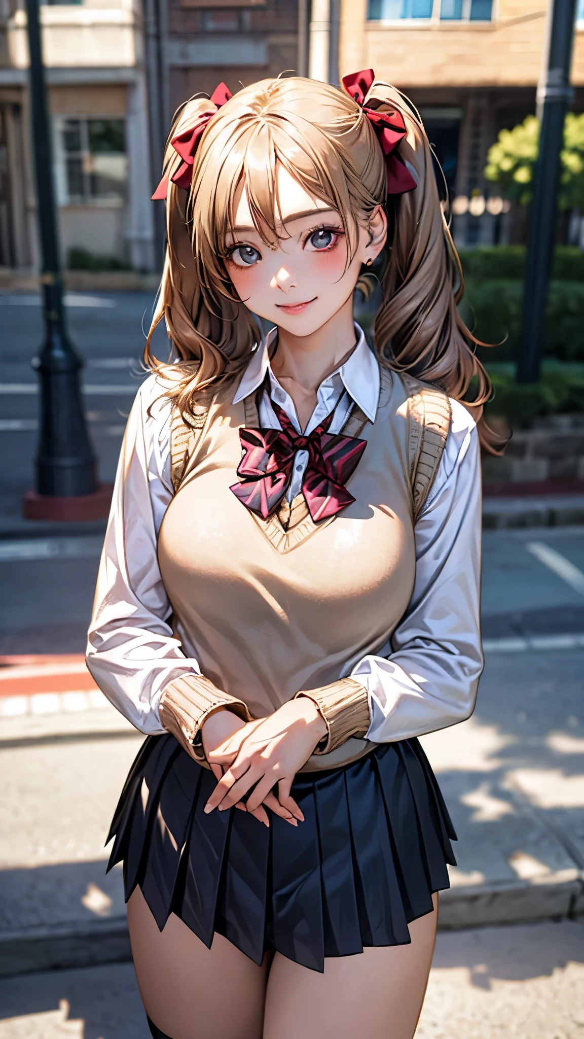 (masterpiece:1.2, top-quality), (realistic, photorealistic:1.4), beautiful illustration, (natural side lighting, movie lighting), nsfw, 
looking at viewer, cowboy shot, front view:0.6, 1 girl, japanese, high school girl, perfect face, cute and symmetrical face, shiny skin, 
(long hair:1.8, twintails:1.7, blond hair), parted bangs, gold eyes, long eye lasher, (large breasts:0.8, thick thighs), 
beautiful hair, beautiful face, beautiful detailed eyes, beautiful clavicle, beautiful body, beautiful chest, beautiful thigh, beautiful legs, beautiful fingers, 
((((long sleeve)), roll up sleeves, white collared shirts, navy pleated mini skirt, black socks, brown loafers, red bow tie, beige sleeveless knitted vest)), pink panties, 
(beautiful scenery), evening, riverside, standing, (lovely smile, upper eyes), 