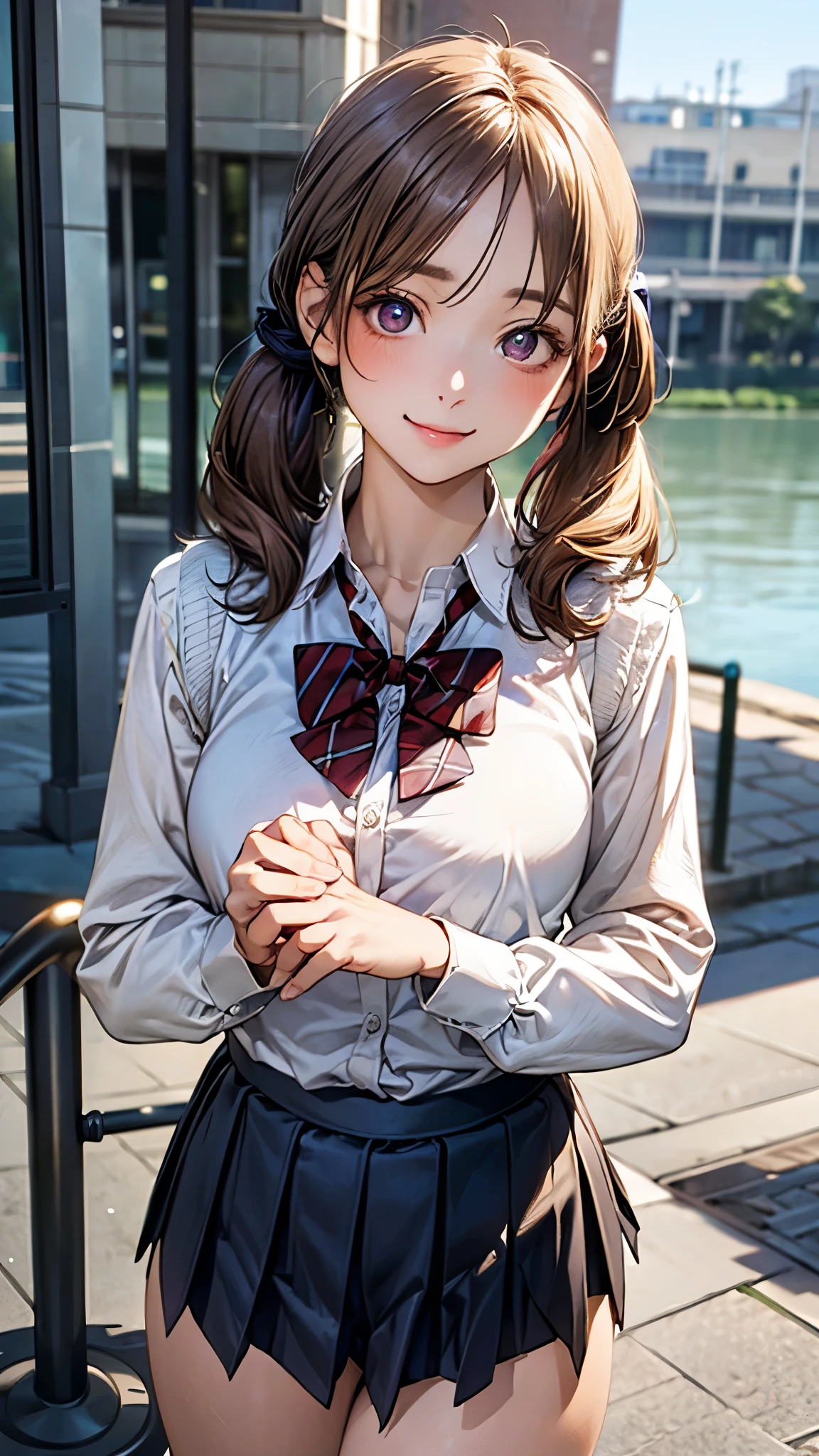 (masterpiece:1.2, top-quality), (realistic, photorealistic:1.4), beautiful illustration, (natural side lighting, movie lighting), nsfw, 
looking at viewer, cowboy shot, front view:0.6, 1 girl, japanese, high school girl, perfect face, cute and symmetrical face, shiny skin, 
(long hair:1.8, twintails:1.7, blond hair), parted bangs, gold eyes, long eye lasher, (large breasts:0.8, thick thighs), 
beautiful hair, beautiful face, beautiful detailed eyes, beautiful clavicle, beautiful body, beautiful chest, beautiful thigh, beautiful legs, beautiful fingers, 
((((long sleeve)), roll up sleeves, white collared shirts, navy pleated mini skirt, black socks, brown loafers, red bow tie, beige sleeveless knitted vest)), pink panties, 
(beautiful scenery), evening, riverside, standing, (lovely smile, upper eyes), 