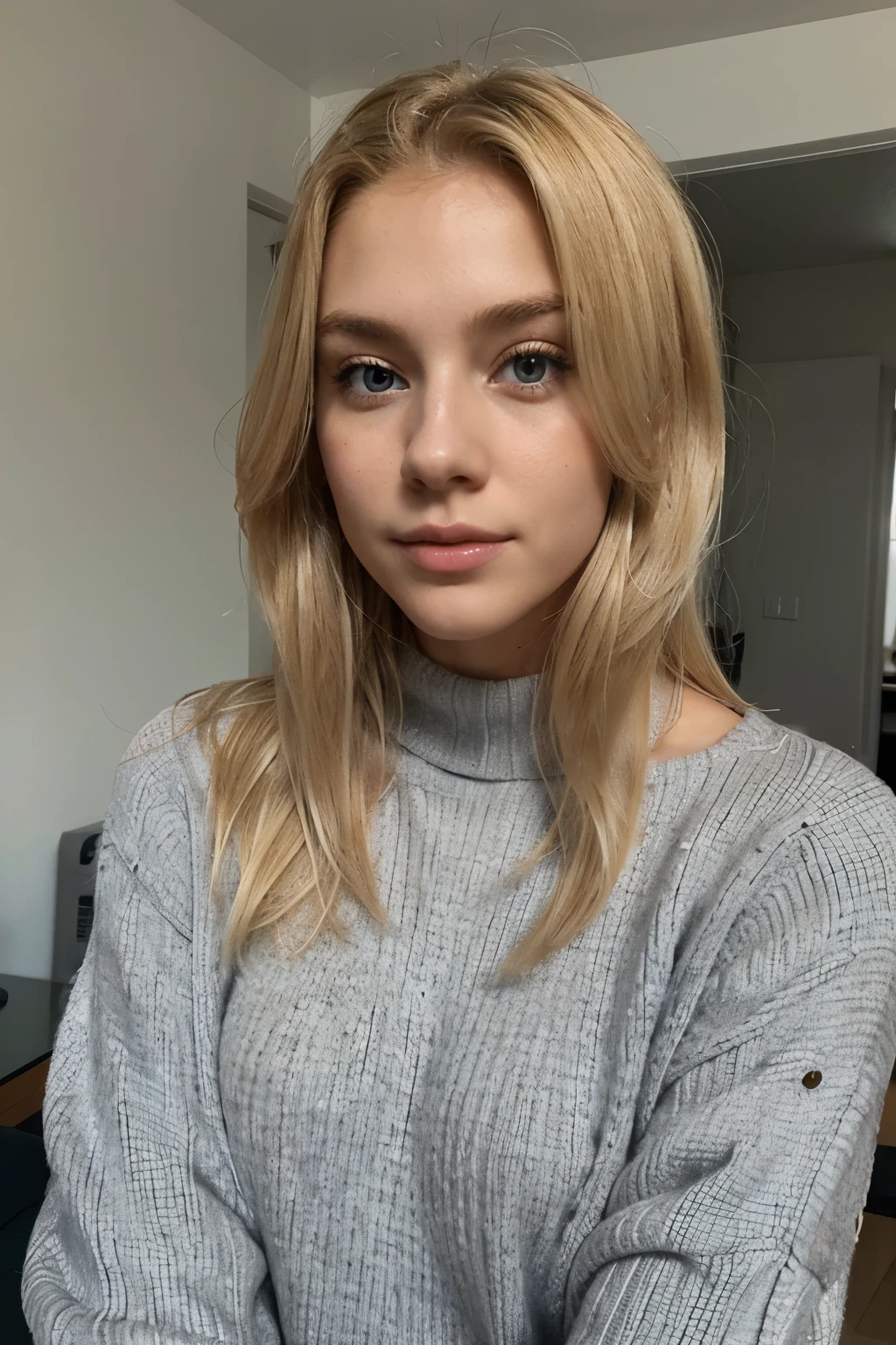beautiful blonde girl , beautiful, ultrarealistic, medium hair, blond hair, high quality, grey sweater, dynamic pose, selfie