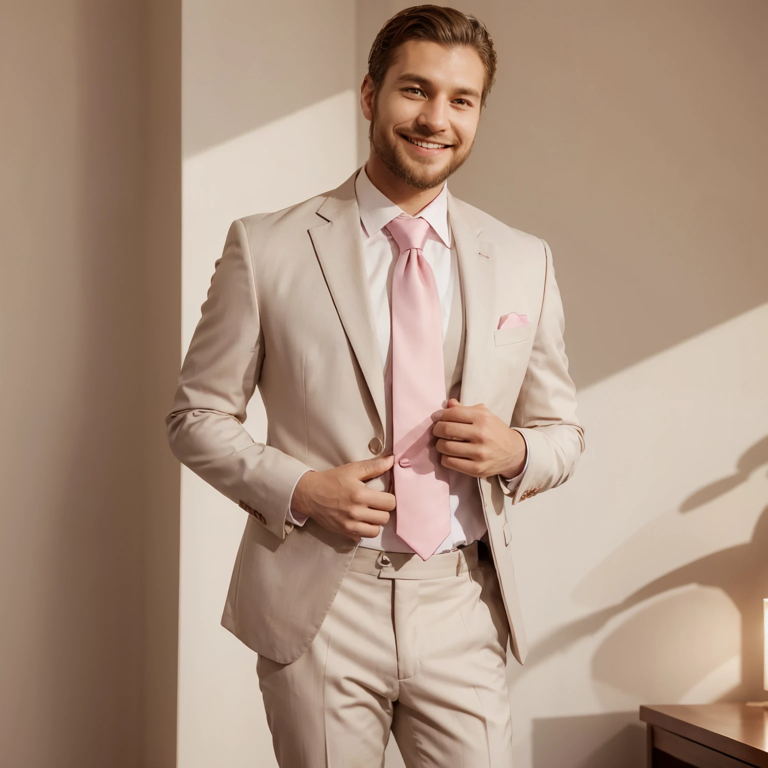 , A man, perfect and handome man, in a posh suit and tie, sunhine, tall, light colored suit, pink tie, biggest bulge, neat shirt short beard, short straight hair, full 4k , big smile, happy