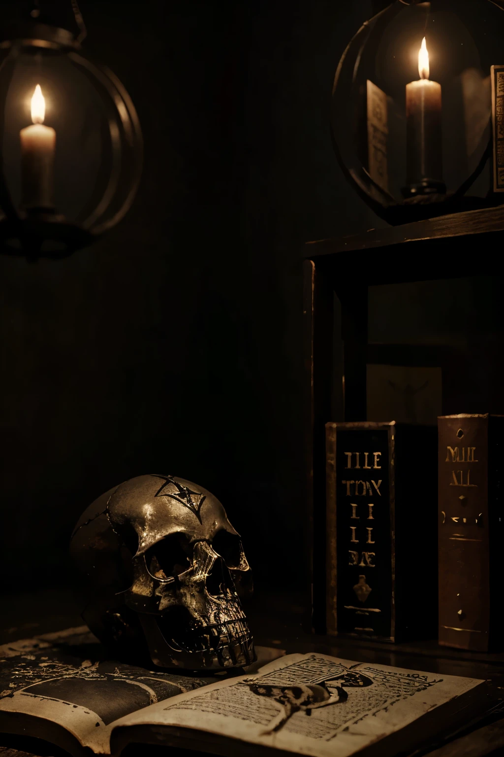macabre scenery picture of book dark magic on table Skull vial will blood necromancy theme occult symbol