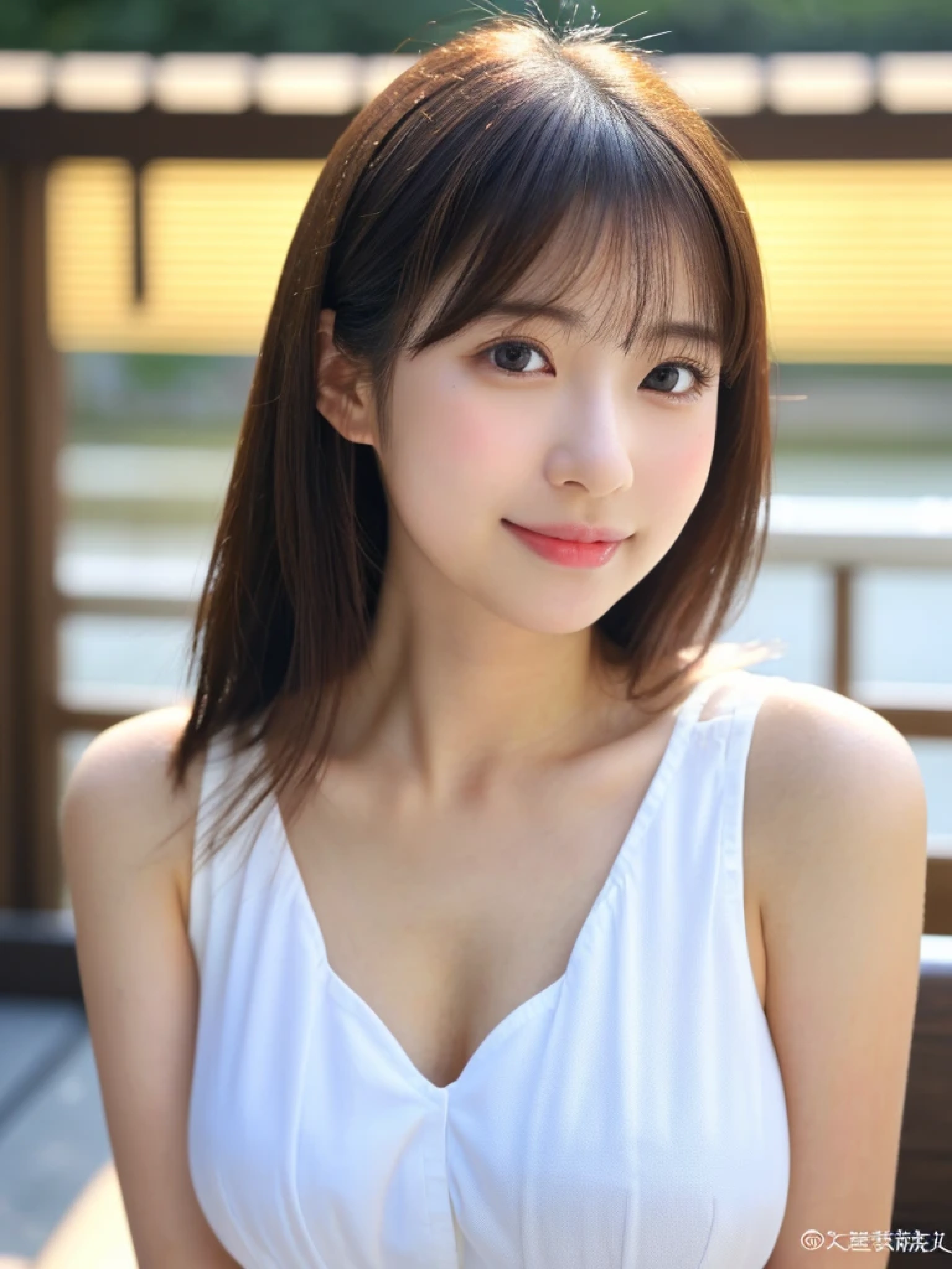 ((cute日本の女の子、beautiful japanese girl、1 girl、clear、19 years old、ponytail、Highly detailed face and skin texture、refinement、super detailed face、highly detailed eyes、Lee Hong、blush、cheek、ピンクのcheekを塗ったcheek、close-up of woman、 from the neck up、 Close to the camera、 positive face、Forward-facing body、look at the camera、front、cute、smooth white skin、Transparent skin texture、))、(dark brown hair、bangs)、beautiful woman with perfect style：1.4、japanese model、young gravure idol、若いcuteグラビアアイドル、Realistic young gravure idol、refinementされたグラビアアイドル、((highest quality、8K、masterpiece:1.3、１photograph))、(4K、RAWphotograph、highest quality)、(realistic、フォトrealistic:1.37)、Place someone on the other side of the screen、Natural light、professional lighting、F cup、big breasts、big breasts、Beautiful and well-shaped breasts、