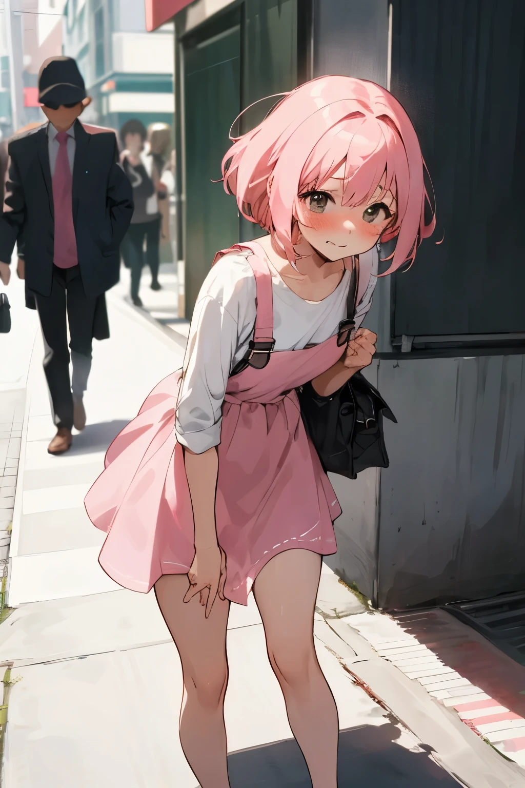 (ultra-detailed, best quality, anatomically perfect body:2), (1 girl, have to pee, peeing, peeing self, very desperate to pee, have to pee, have to pee, peeing, peeing self:1.1), (back street:1.4), (maxi dress, long skirt, foot ware, short hair:1.3), (have to pee, hold crotch, knees together and feet apart, hand between legs:1.6), (leaning forward:1.4), (erotic twist of the body1.2), (constricted pupils:1.2), (blush:2), (embarrassment:1.4), (flying sweat:1.4), (breathless:1.3), (confused, looking away:1.5), (teeth), (girl can't stand up straight:1.2), (shiny skin), (from side, from below)