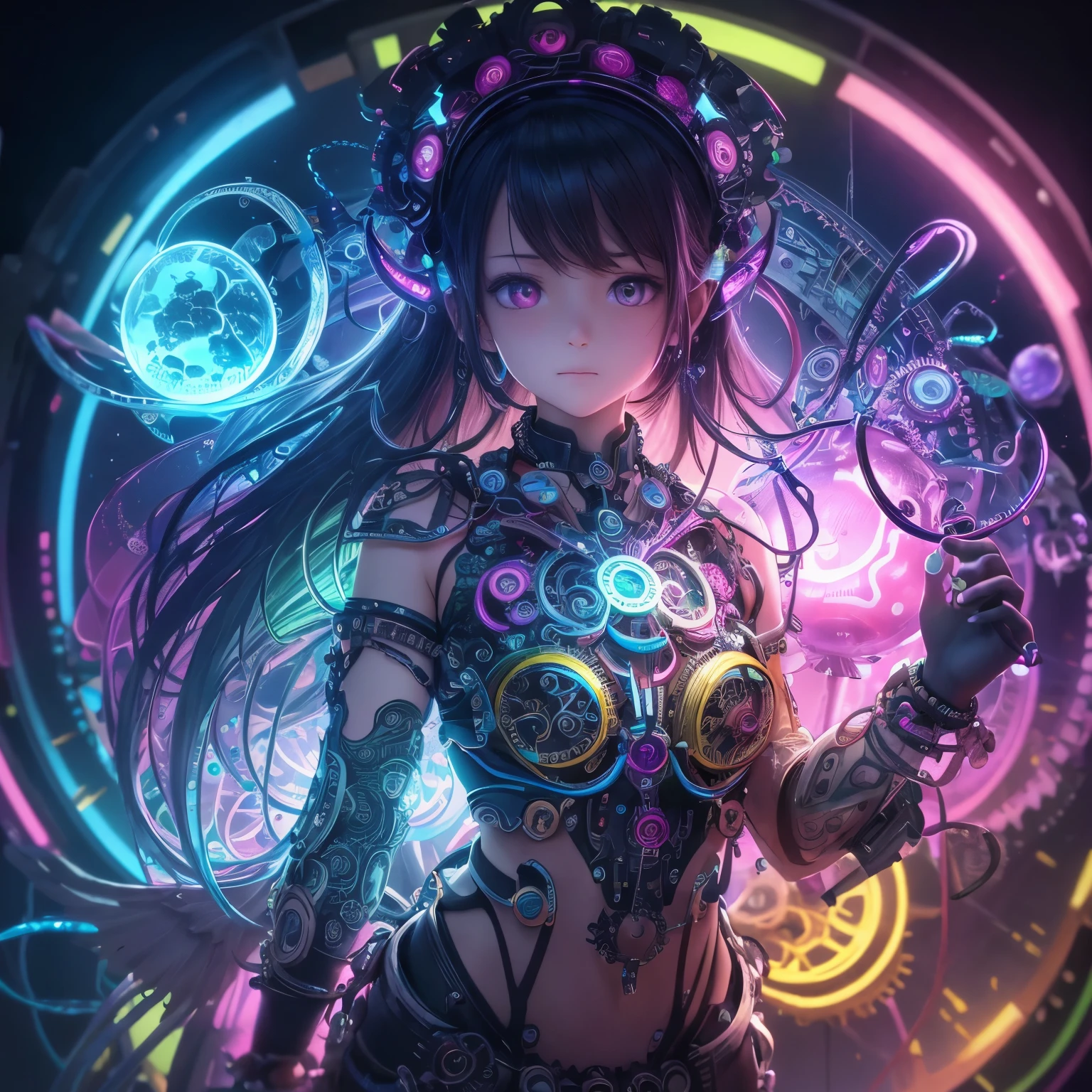 best quality, 32k, RAW photo, incredibly absurdres, extremely detailed, AI partner who lives inside a spherical aquarium key chain, a colorful harpy with a beautiful face, small cute characters, background luminous parts made of gears and precision machinery, rainbow colors neon line light, delicate, flashy and dynamic depiction, professional lighting