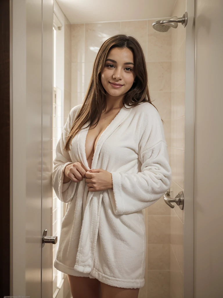 melhor qualidade, 4k, realista uma bela mulher sexy seu seios redondos e grandes duros, she is standing in front of you, ela esta de (TERRY BATHROBE) branca com decote aberto, seu cabelo e muito compridos que se espalha com vento com um Sorriso malicioso.