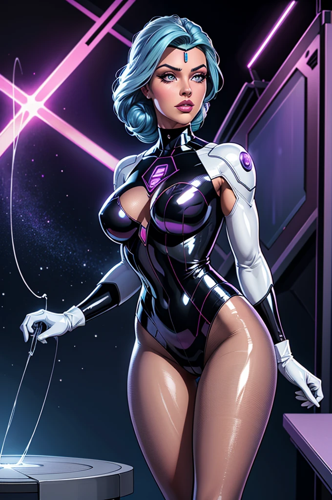 (best quality,8k:1.2,high resolution:1.2),ultra-detalhado,Realistic,vintage science fiction female superhero,retro futurism,cabelos brancos,belos olhos detalhados,beautiful detailed lips,olhos e rosto extremamente detalhados,long eyelashes,Collant de nylon PURPLE transparente,Apertado,transparent pantyhose,metalic gloves, Glossy plastic accessories,fundo branco neutro,profissional,vivid colors,Physically-based rendering,foco nítido,studio lighting,artistas conceituais