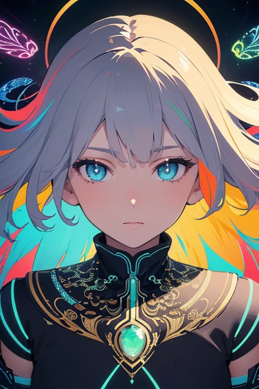 (masterpiece, best quality:1.2),(concept art、fractal art:1.5) ,(flat color:1.2),(2D:1.3),(fluorescence colour:1.5,colorful:1.2),fluorescence multicolored hair、looking at viewer,1girl,beautiful face,Gentle face,solo,upper body,floating colorful fluorescent lines,vivid color、fractal art、Symmetrical、
Mysterious girl