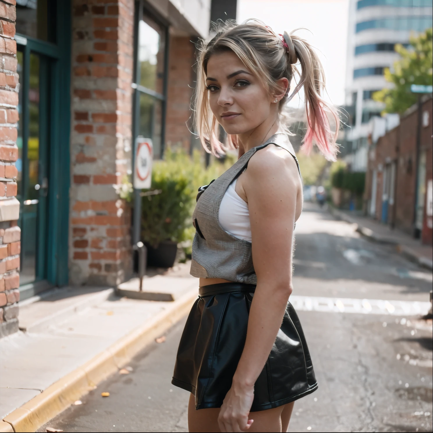 Professional photo of Alexa Bliss who is dressed like a prostitute fighting with Pikachu in a back alley, best quality, deep depth of field, canon EOS r5 50mm, raw photo, hdr, sharp focus, visible pores,  photograph, 4k,  intricate, vibrant colors, radiant hues, realistic skin texture, crisp details, natural lighting