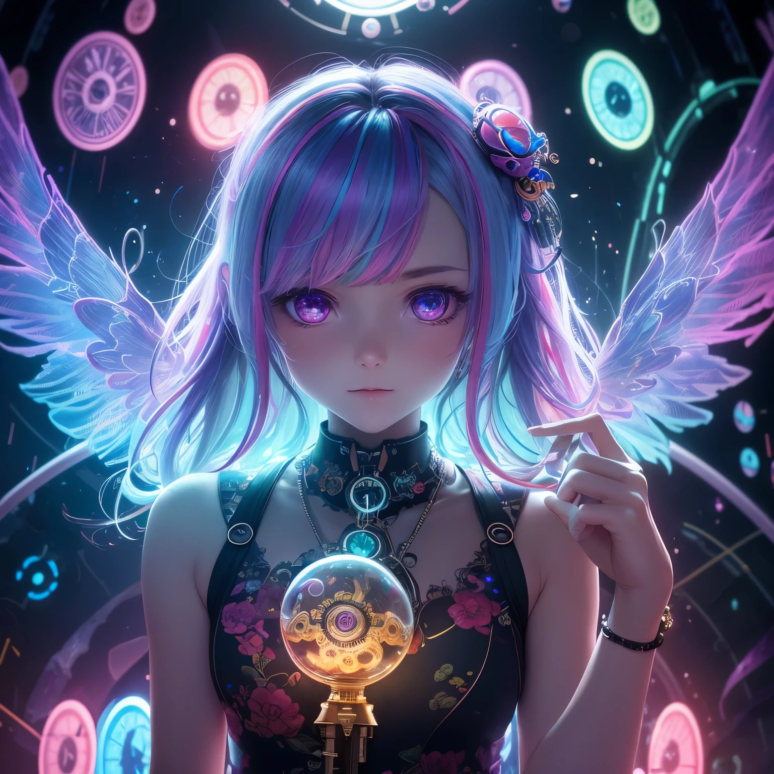 best quality, 32k, RAW photo, incredibly absurdres, extremely detailed, AI partner who lives inside a spherical aquarium key chain, a colorful harpy with a beautiful face, small cute characters, background wall of clock gears and luminous parts made from precision machinery, rainbow colors neon line light, delicate, flashy and dynamic depiction, professional lighting