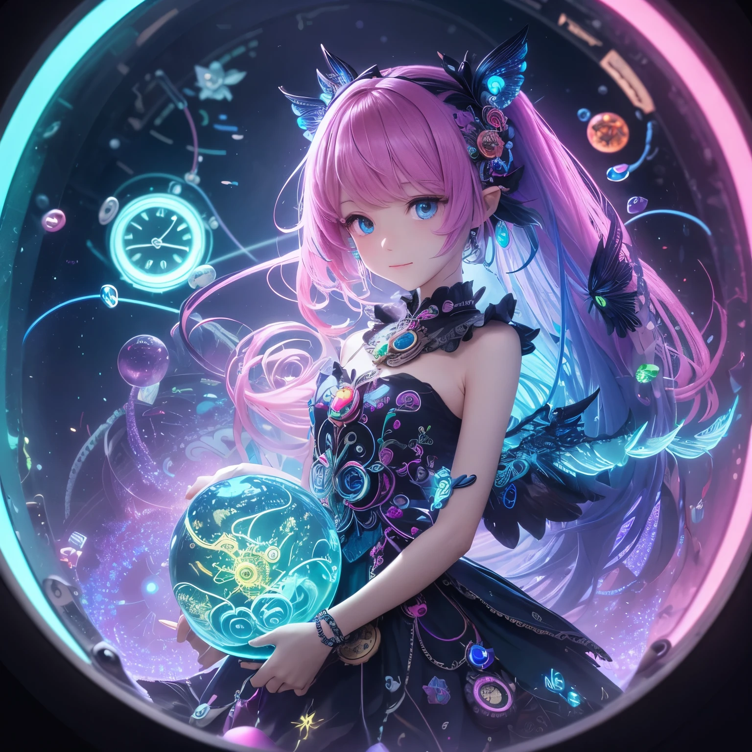 best quality, 32k, RAW photo, incredibly absurdres, extremely detailed, AI partner who lives inside a spherical aquarium key chain, a colorful harpy with a beautiful face, small cute characters, background wall of clock gears and luminous parts made from precision machinery, rainbow colors neon line light, delicate, flashy and dynamic depiction, professional lighting