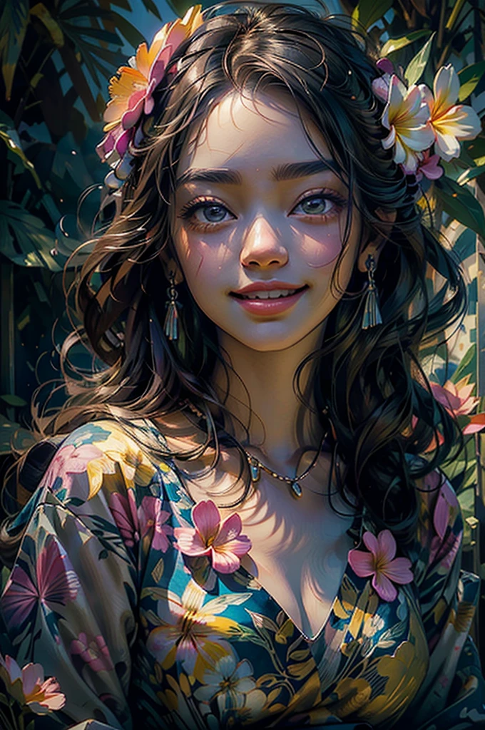 portrait, Masterpiece: 1.2, best quality, 1girl, field of plumeria, vibrant, (happy:1.4),colorful details,ultra detailed,detailed lighting,\(\(inspired by Hayao Miyazaki\)\),official art, pink flowers, laying on flowers, big smile