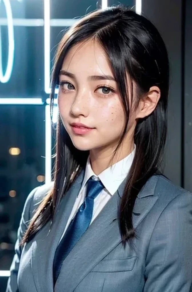 ((hair behind head)), ((hair tucked behind ears)), ((thick hair wisps)), medium length hair, (freckles), young woman, (black eyes), ((suit and tie)), smiling, blue tie, ((neon light night blue city)), black hair