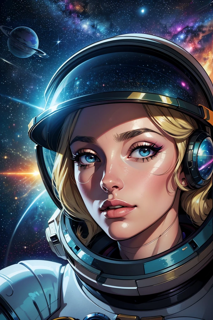 (highres,4k,best quality:1.2),(retro-futurism:1.1)(space+astronaut:1.1)(woman,blonde hair,beautiful face,long eyelashes,minimum waist:1.1), (scenario+deep space:1.1), (vibrant colors:0.9),(sci-fi:1.1),(detailed stars:detailed planets),(galaxy,satellites),(soft lighting),(sharp focus),(glossy visor),(space suit)