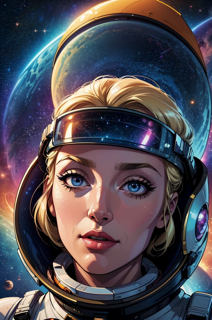 (highres,4k,best quality:1.2),(retro-futurism:1.1)(space+astronaut:1.1)(woman,blonde hair,beautiful face,long eyelashes,minimum waist:1.1), (scenario+deep space:1.1), (vibrant colors:0.9),(sci-fi:1.1),(detailed stars:detailed planets),(galaxy,satellites),(soft lighting),(sharp focus),(glossy visor),(space suit)