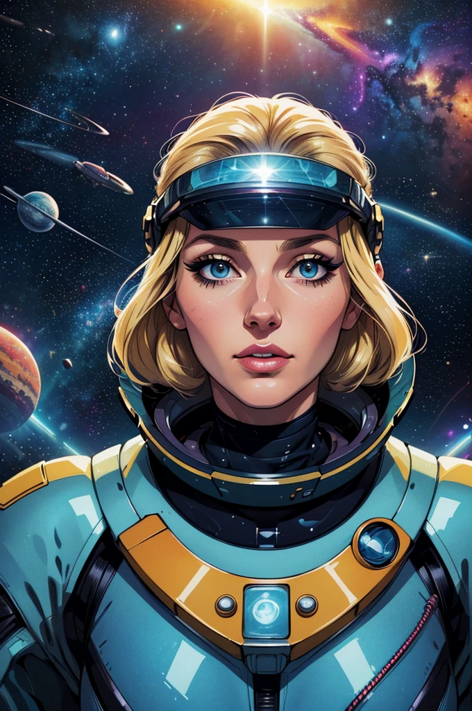 (highres,4k,best quality:1.2),(retro-futurism:1.1)(space+astronaut:1.1)(woman,blonde hair,beautiful face,long eyelashes,minimum waist:1.1), (scenario+deep space:1.1), (vibrant colors:0.9),(sci-fi:1.1),(detailed stars:detailed planets),(galaxy,satellites),(soft lighting),(sharp focus),(glossy visor),(space suit)