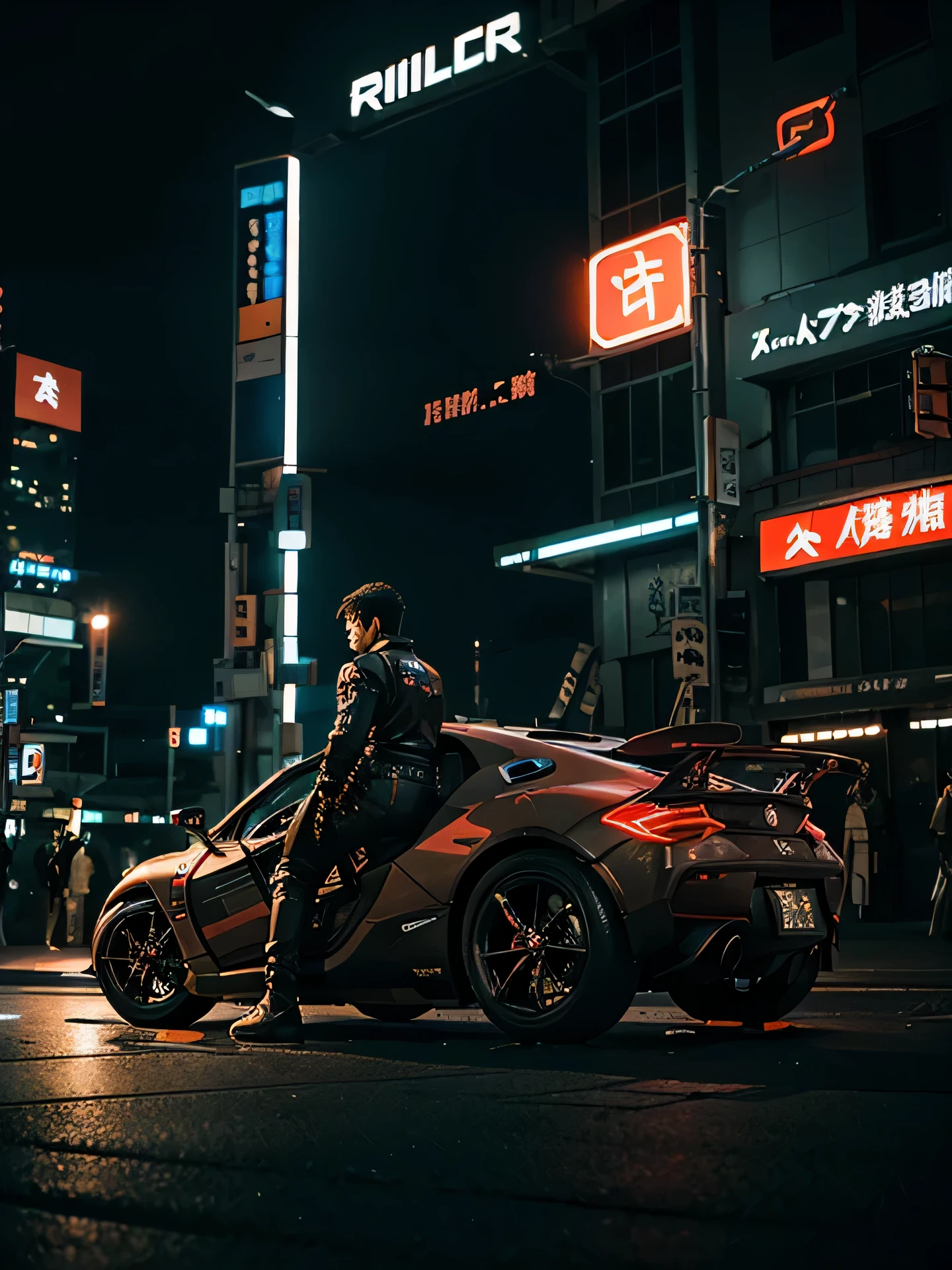 a futuristic representation of Akira, cyborg with japanese style neon at night and futuristic flying cars
