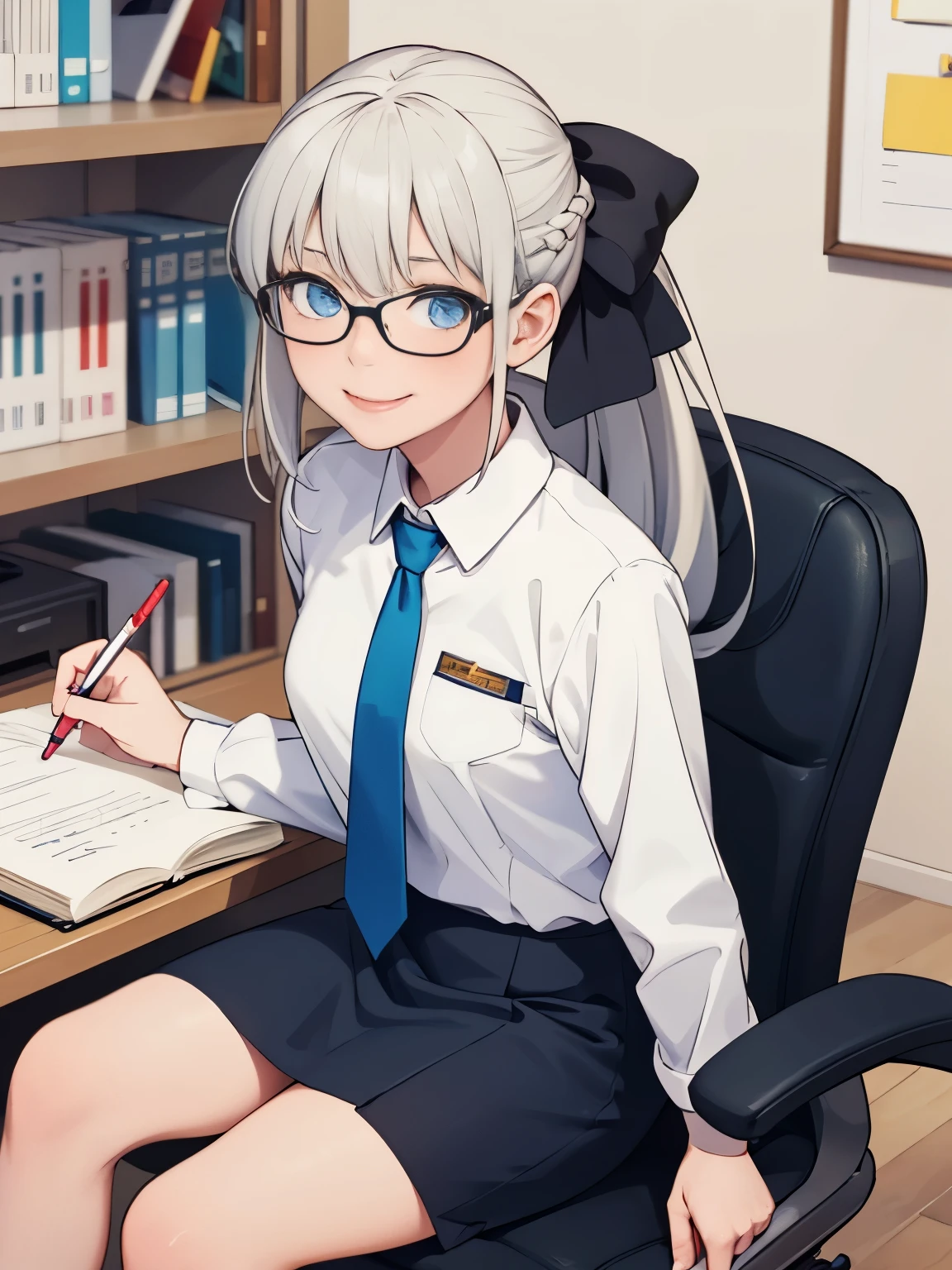 (masterpiece, best quality:1.2), solo, 1girl, morgan le fay, smile, looking at viewer, sitting in an office chair, long grey hair, braid, ponytail, hair bow, glasses, collared shirt, blue necktie, long sleeves, pencil skirt