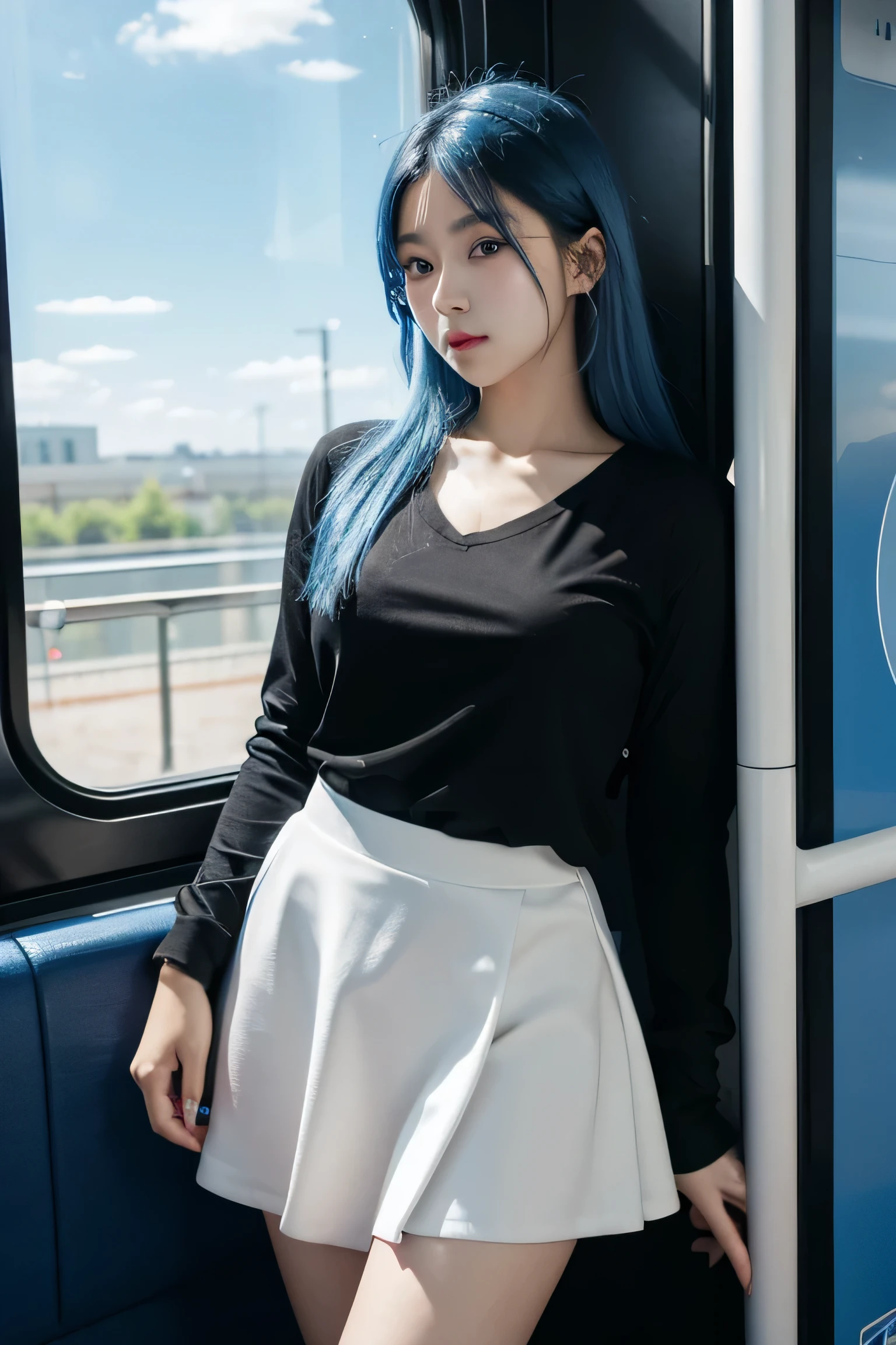 asian girl with blue hair and sky blue eyes, realistic, on a train full of people, black long-sleeve top, white and black skirt