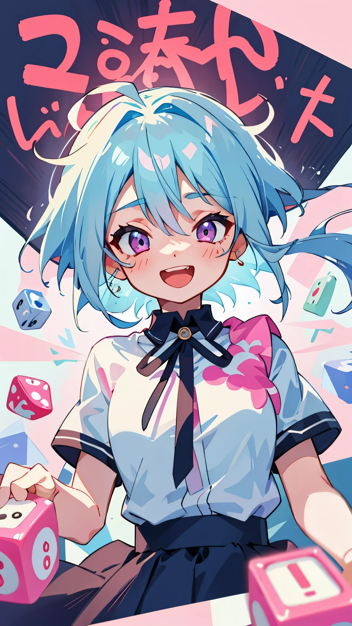  girl、light blue hair、pink eyes、very loud laugh、short sleeve shirt、black skirt、From above、upper body close-up、lots of dice