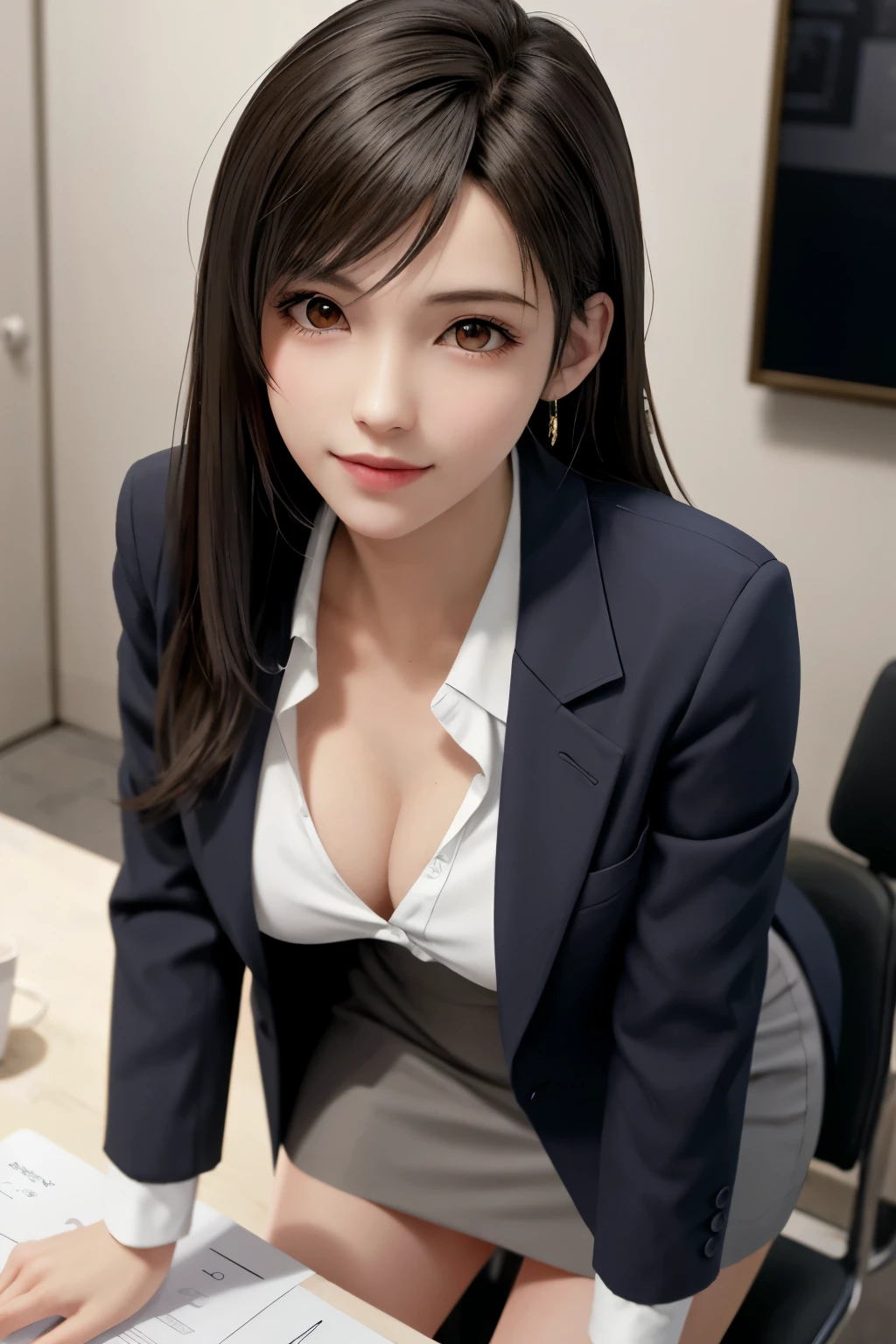 (top quality, masutepiece: 1.1), (Realistic: 1.3), BREAK (((FF7,Tifa_lockhart))),(solo,Tifa:1.2),(japanese ,gray tailored jacket,gray tailored pencil skirt,office suit:1.3) ,(office, indoor,coffee),(strong will,sexy pose:1.1),Ultra-detailed face, Detailed eyes,Red eyes, BREAK (((FF7,Tifa_lockhart))),(light brown hair, Large breasts: 1.2), BREAK (Small and beautiful hard nipple) About 18 years old,kawaii,smile,face focus:1.5,making like she wants to kiss you,shy,blush,leaning forward,suggestive,sensual